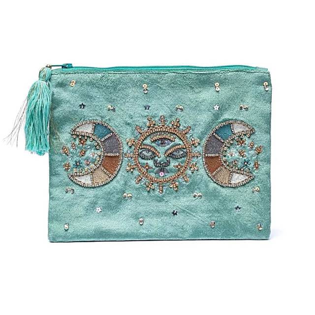 Pochette zippée en velours Menthe avec phases lunaires #