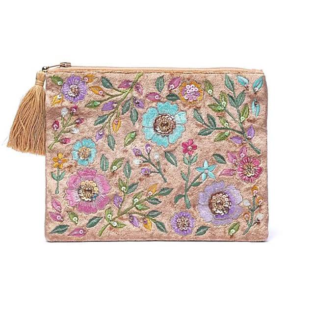Pochette zippée en velours beige à fleurs #