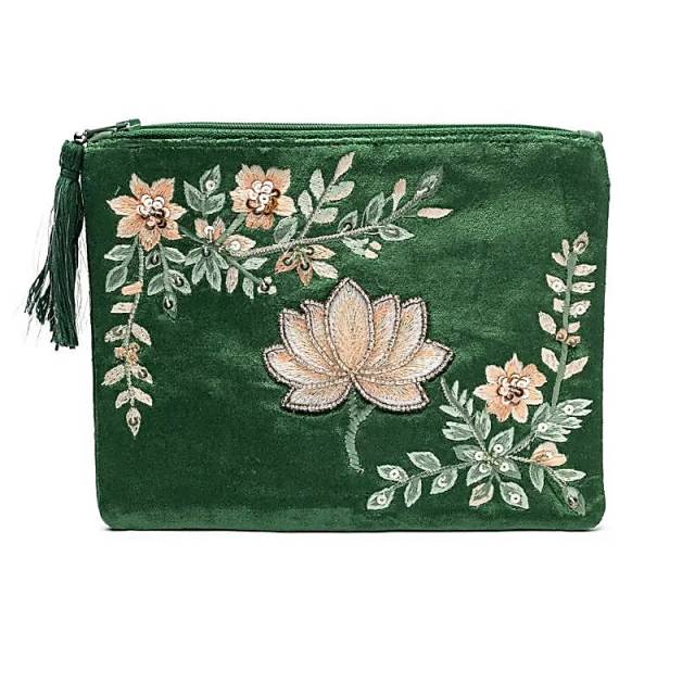 Pochette zippée en velours vert avec lotus #