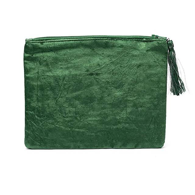Pochette zippée en velours vert avec lotus #1