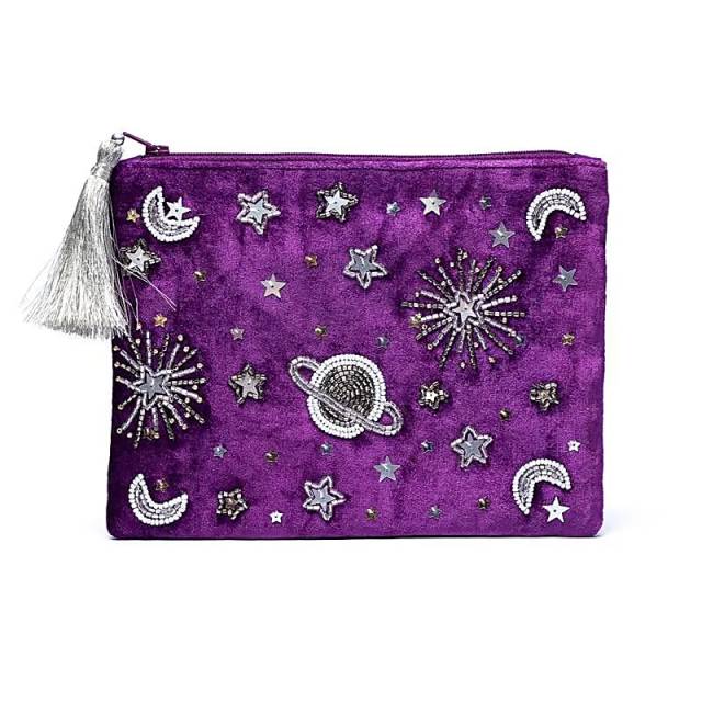 Pochette zippée en velours violet avec galaxie #