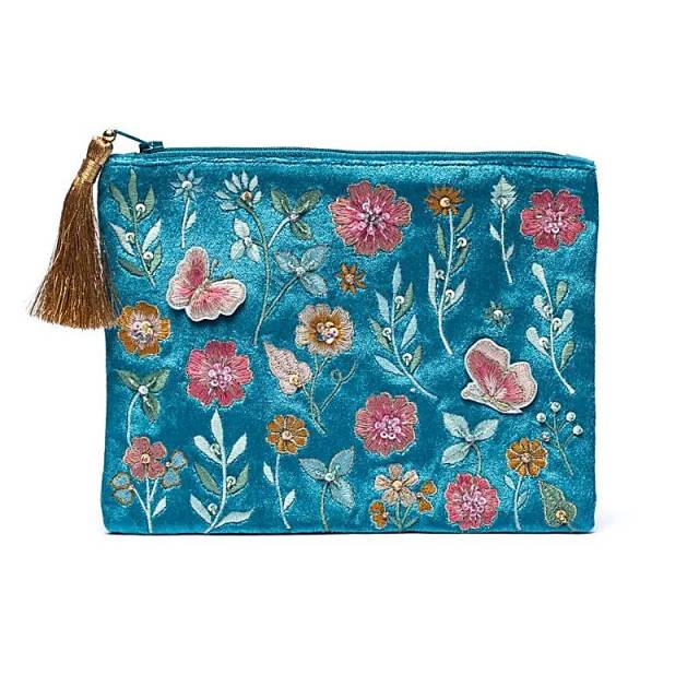 Pochette zippée en velours bleu à fleurs #