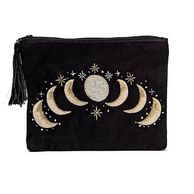 Pochette zippée en velours noir avec phases lunaires #
