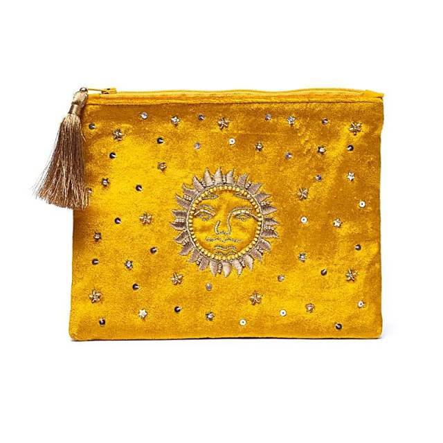 Pochette zippée en velours Jaune avec Soleil #