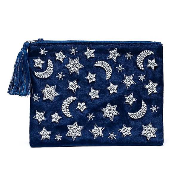 Pochette zippée en velours bleu foncé avec lune et étoiles #