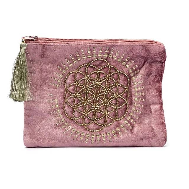 Pochette zippée en velours vieux rose avec Fleur de Vie #