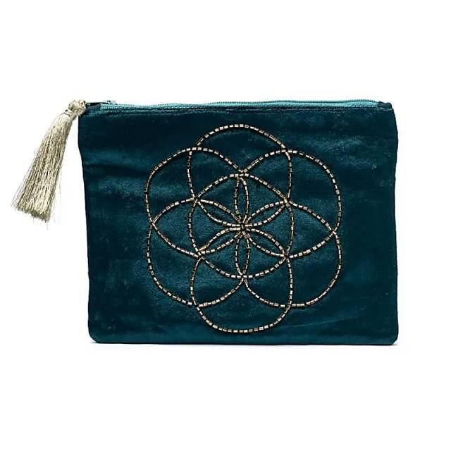 Pochette zippée en velours pétrole avec Graine de Vie #