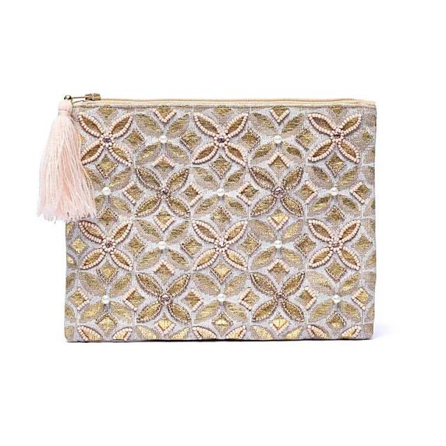 Pochette zippée en velours beige/or avec Fleur de vie #
