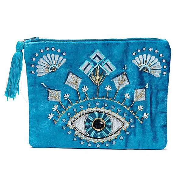 Pochette zippée en velours bleu avec Œil de la Providence #