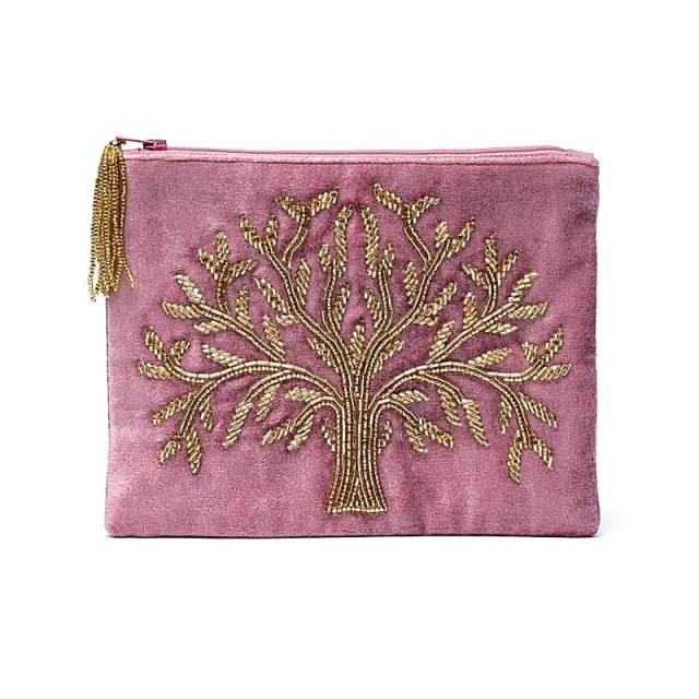 Pochette zippe en velours Rose avec Arbre de vie #