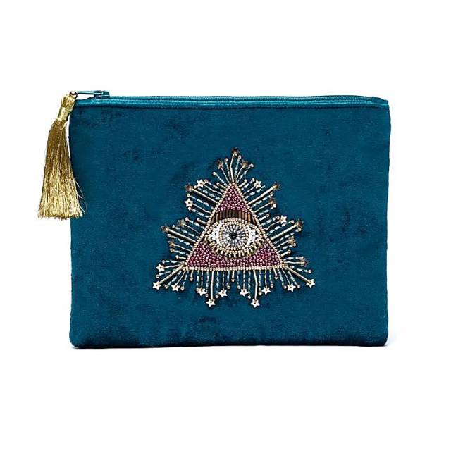 Pochette zippe en velours ptrole avec Oeil des tarots #