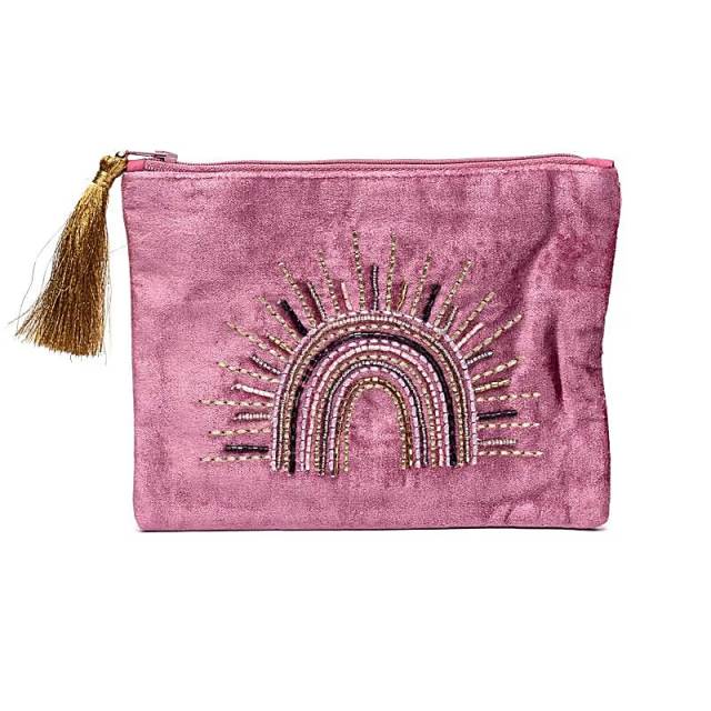 Pochette zippée en velours violet avec arc-en-ciel #