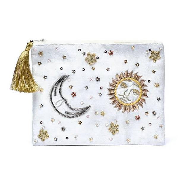 Pochette zippée en velours Blanc avec Soleil et Lune #