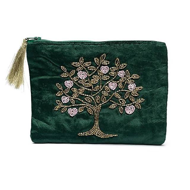 Pochette zippée en velours vert avec Arbre de Vie et cœurs #