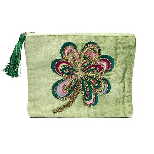 Pochette zippée en velours vert avec trèfle à quatre feuilles #